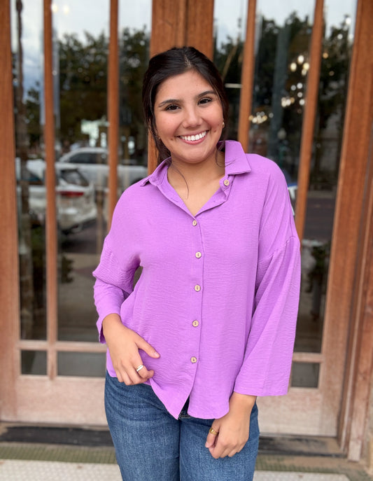 Top | Purple Pleated Lapel Shirt Button Down
