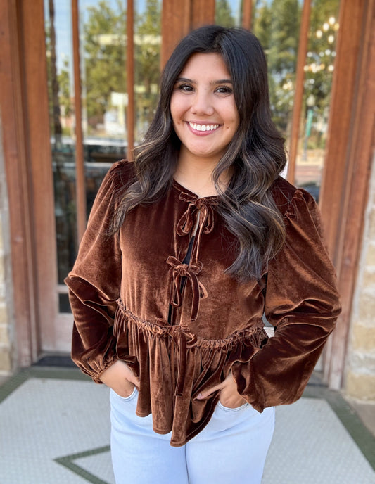 Tops | Blouse Velvet Open Front Babydoll W/Bow Detail