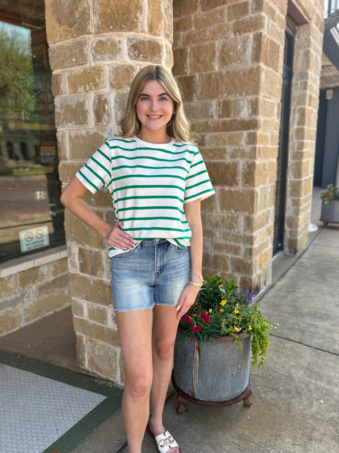 Crew Neck Short-Sleeve Striped Print Cotton Knit Top