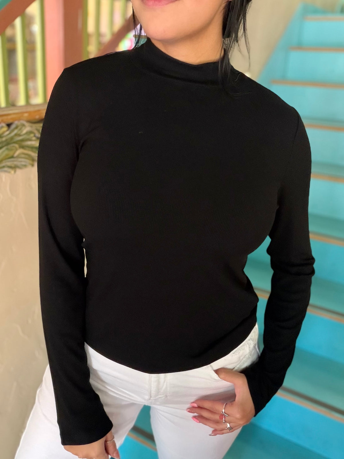 Top - Onyx Ribbed Mock Neck