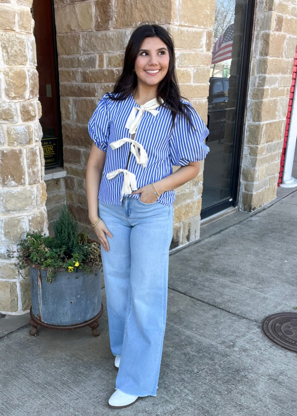 Top | Blue Stripe Tied Front Puff Short Sleeve Blouse