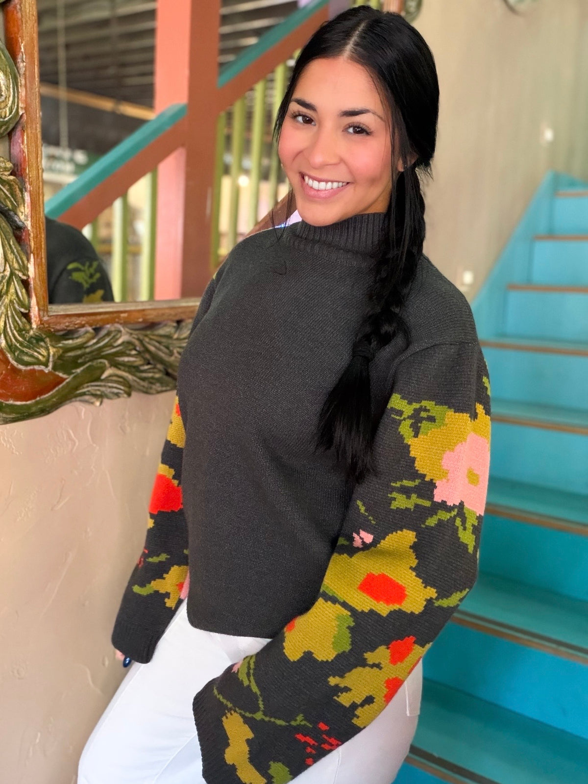 Sweater - Floral Mocked Turtleneck