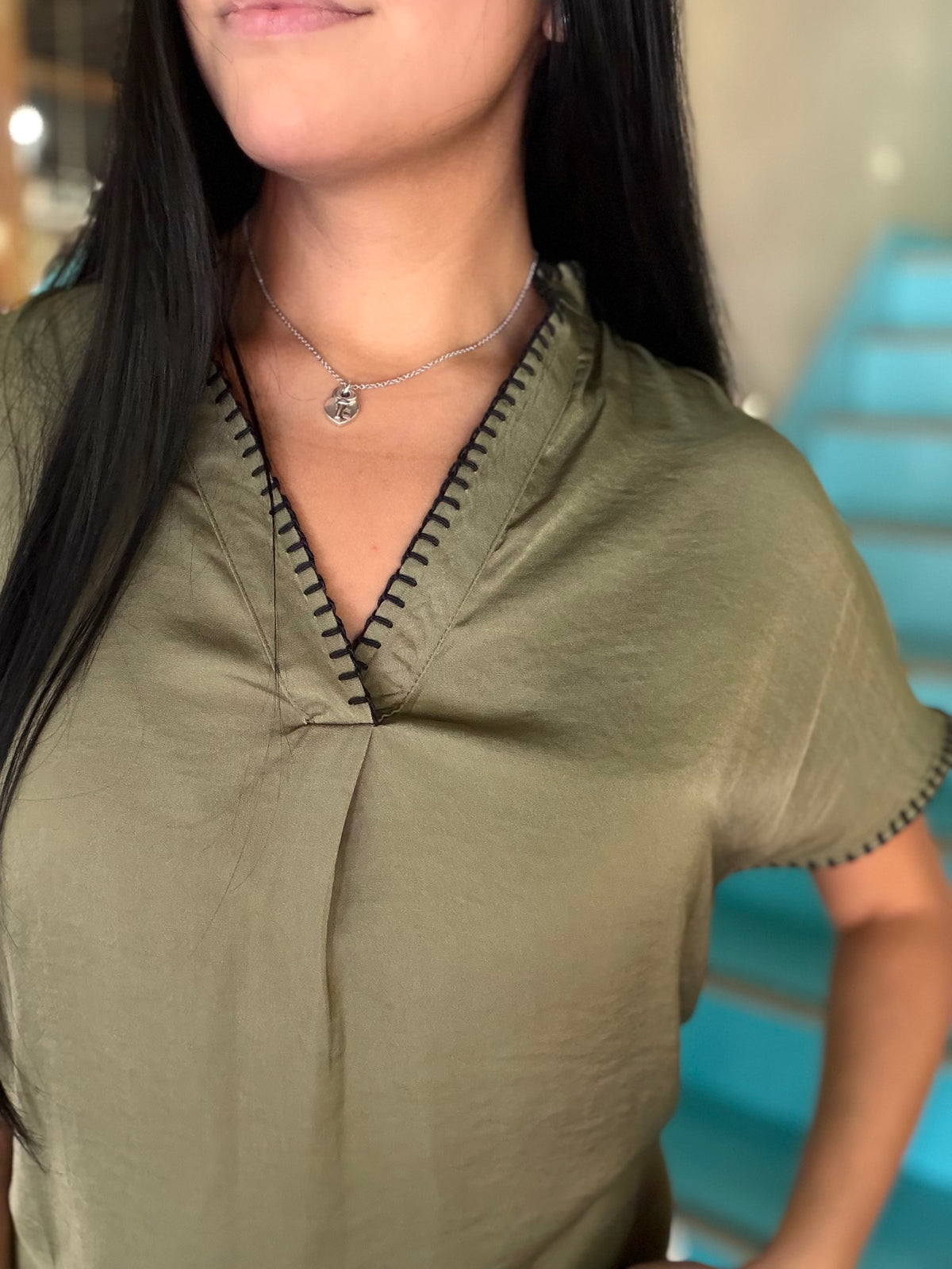 Blouse - Whipstitch Drop Shoulder Olive