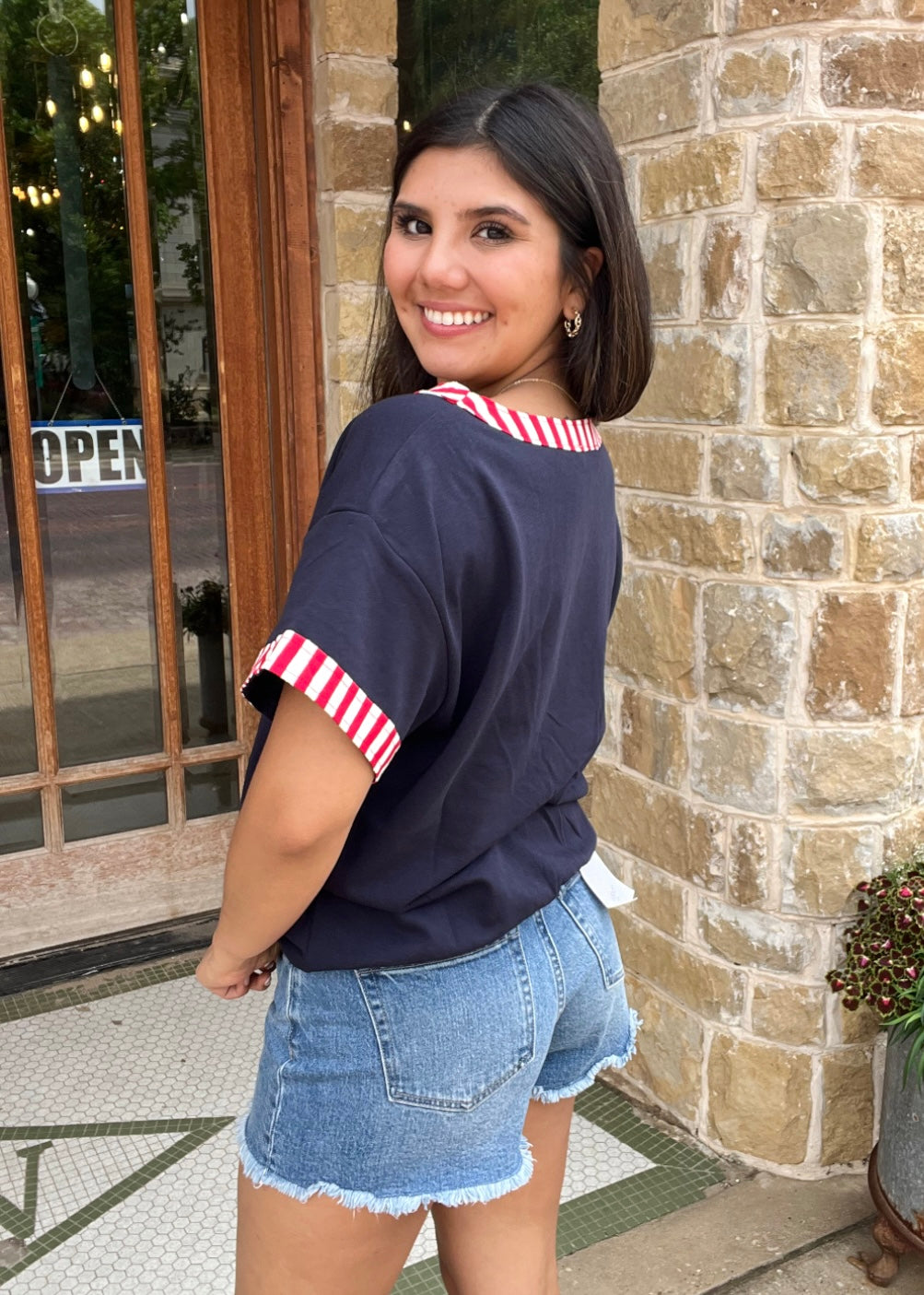 Tops | Blouse Pullover Navy with Red/White USA and Stripped Neck/Sleeve Hem Short Sleeves