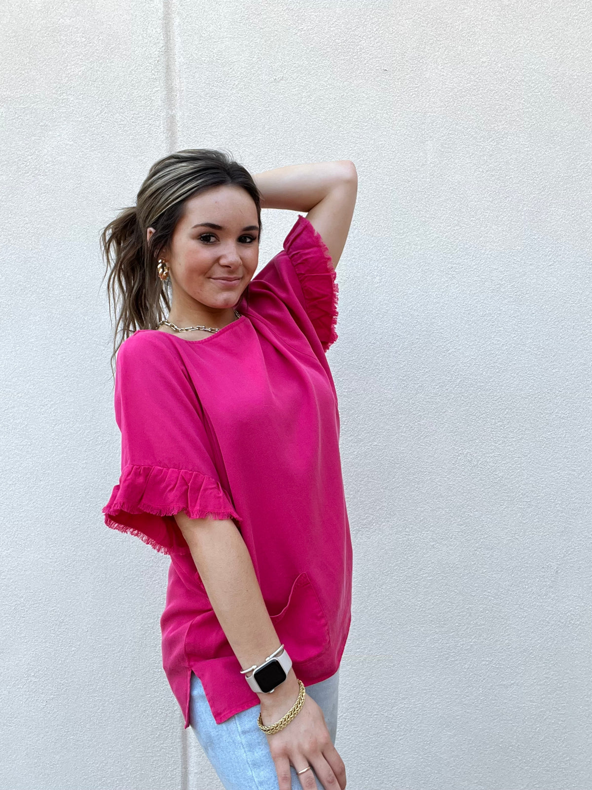 Tru Luxe | Bright Pink Ruffle Sleeve Top