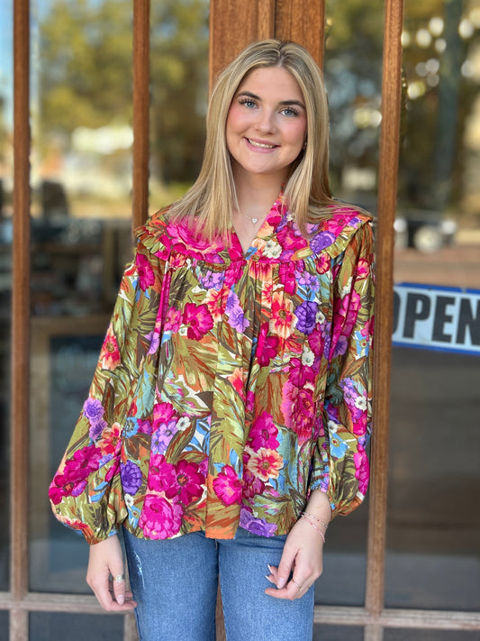 Tops | Blouse Floral Yoke Detail Balloon Sleeve