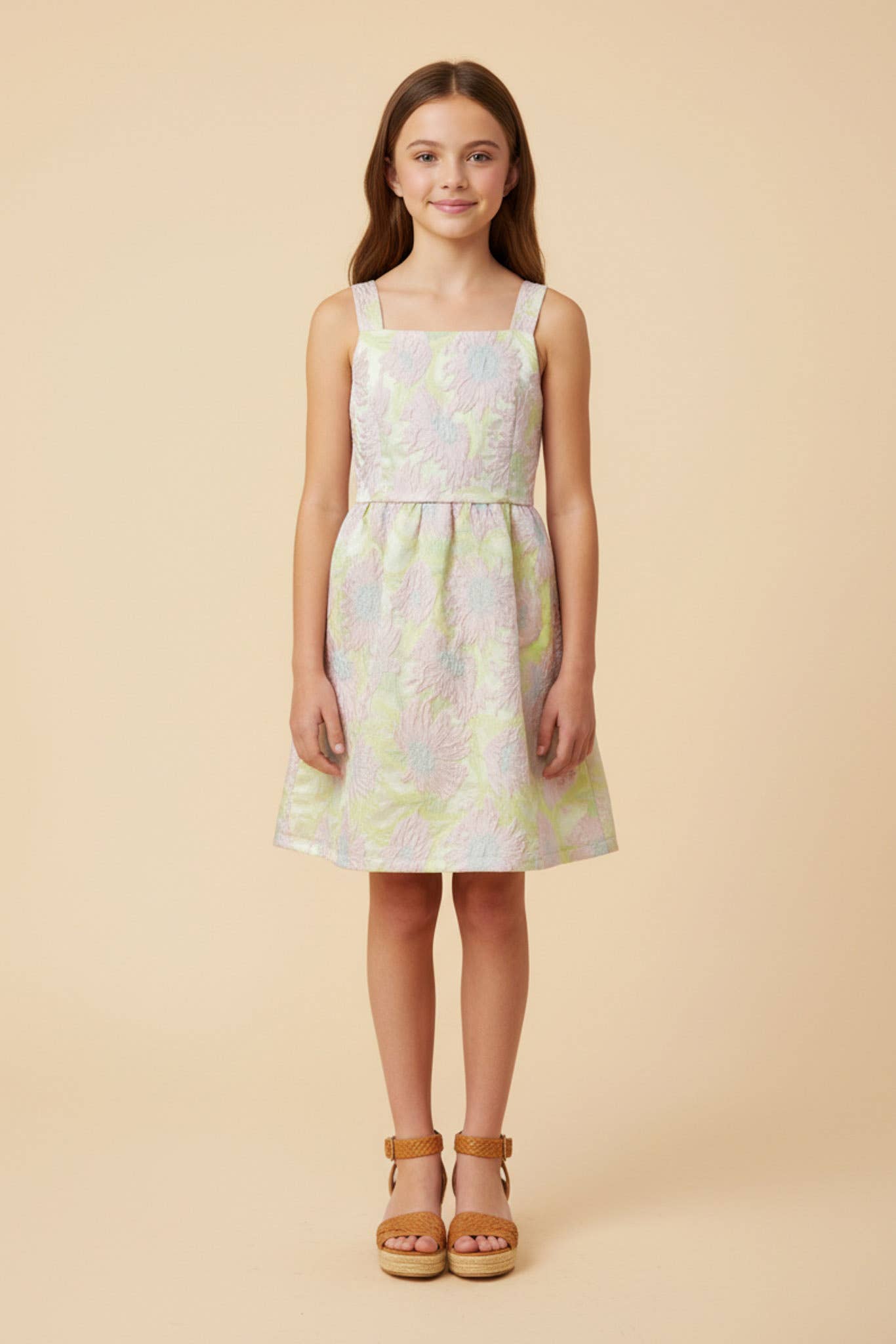 Dress - Girls Floral Jacquard Square Neck