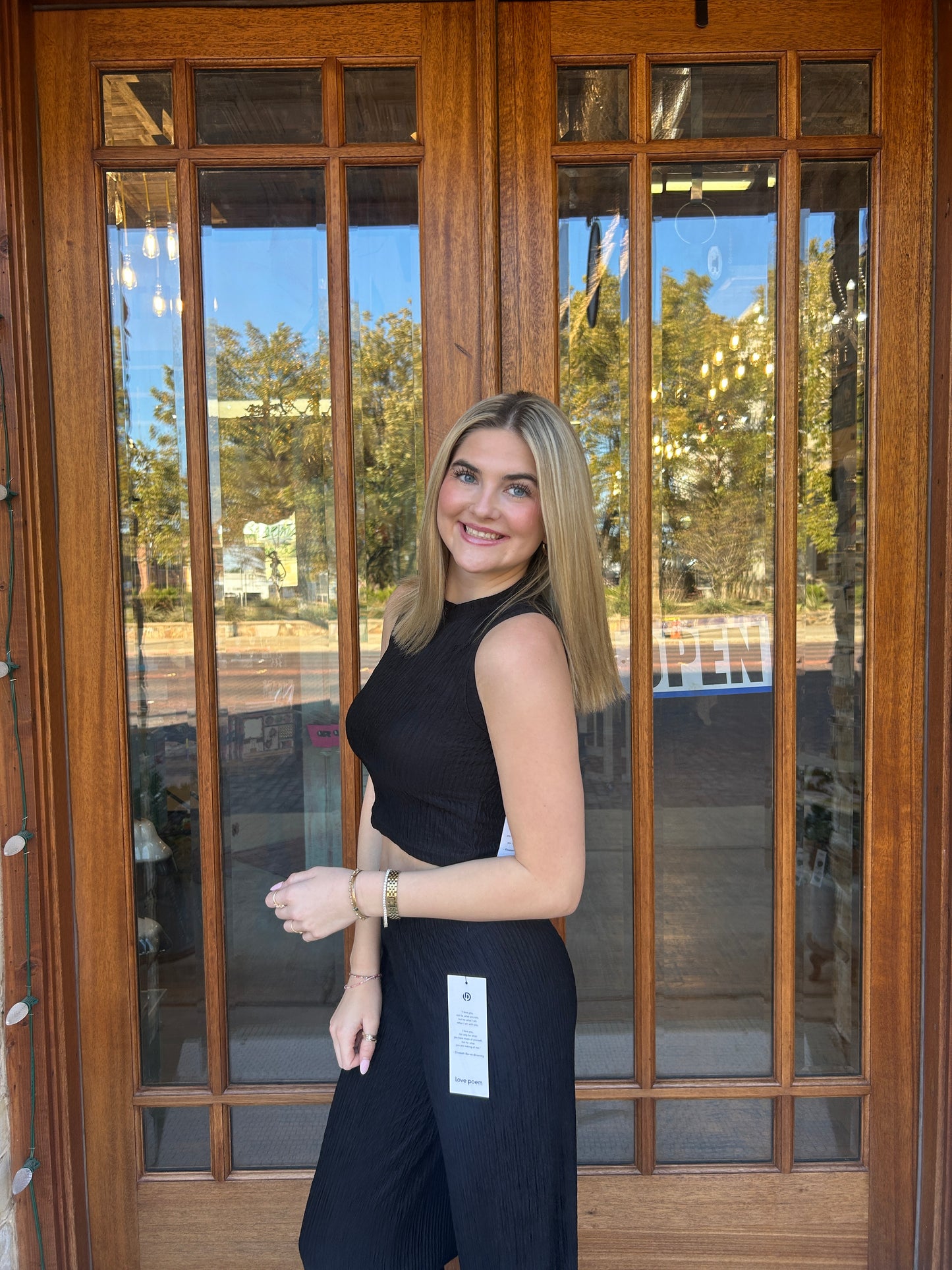 Sets | Black Crinkled Plisse Cropped Tank and Pants