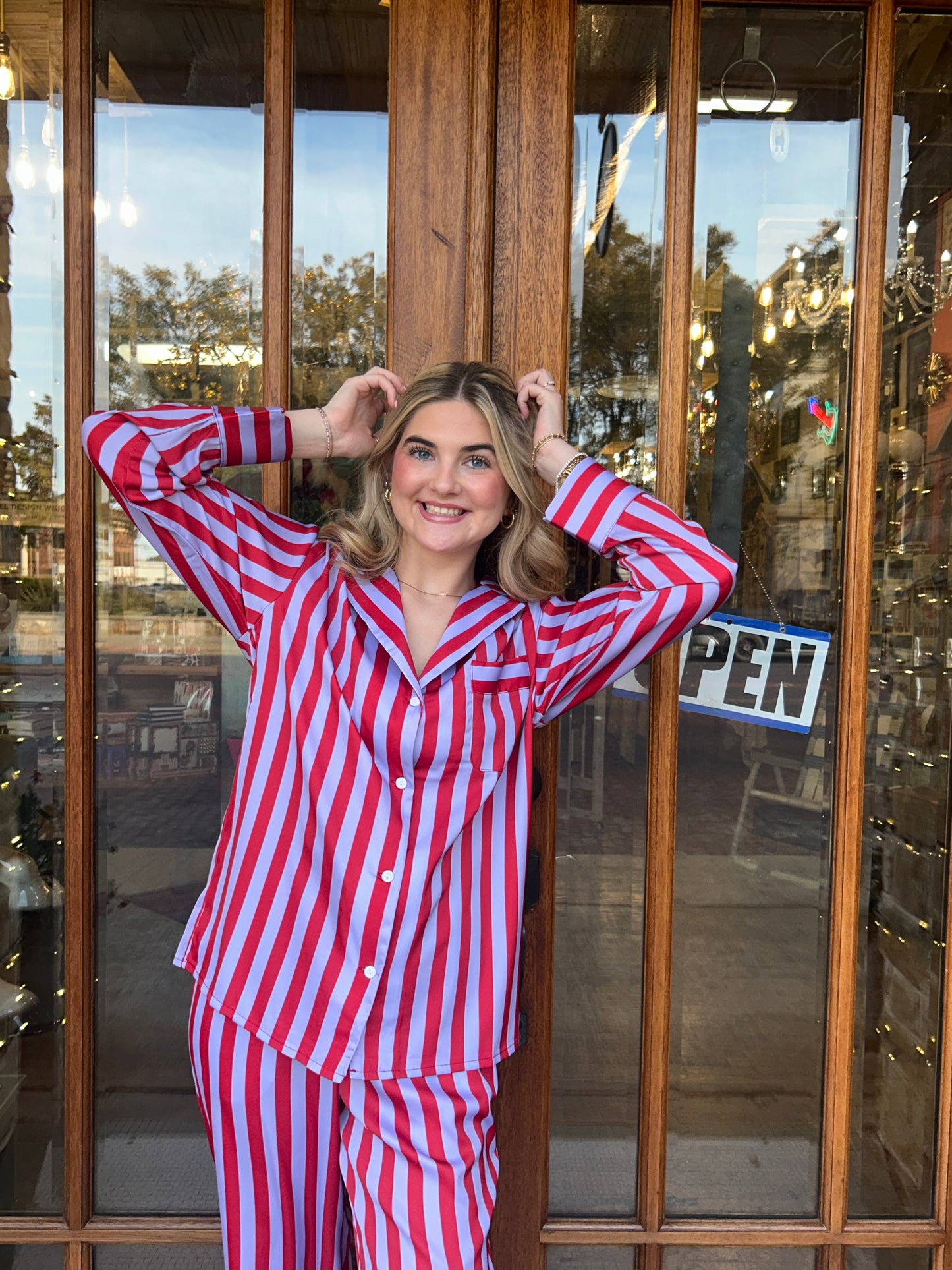 Sets | PJs Top and Bottom Lilac Striped Satin Cute Christmas