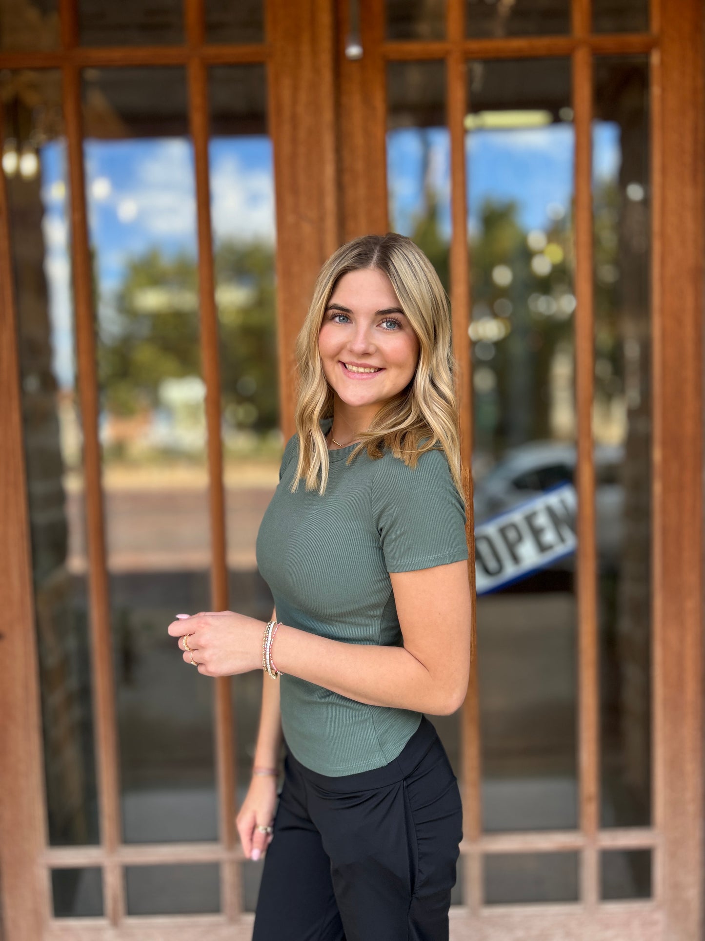 Athleisure | Essential Short-Sleeved Micro-Ribbed  Top: SILKY PINE