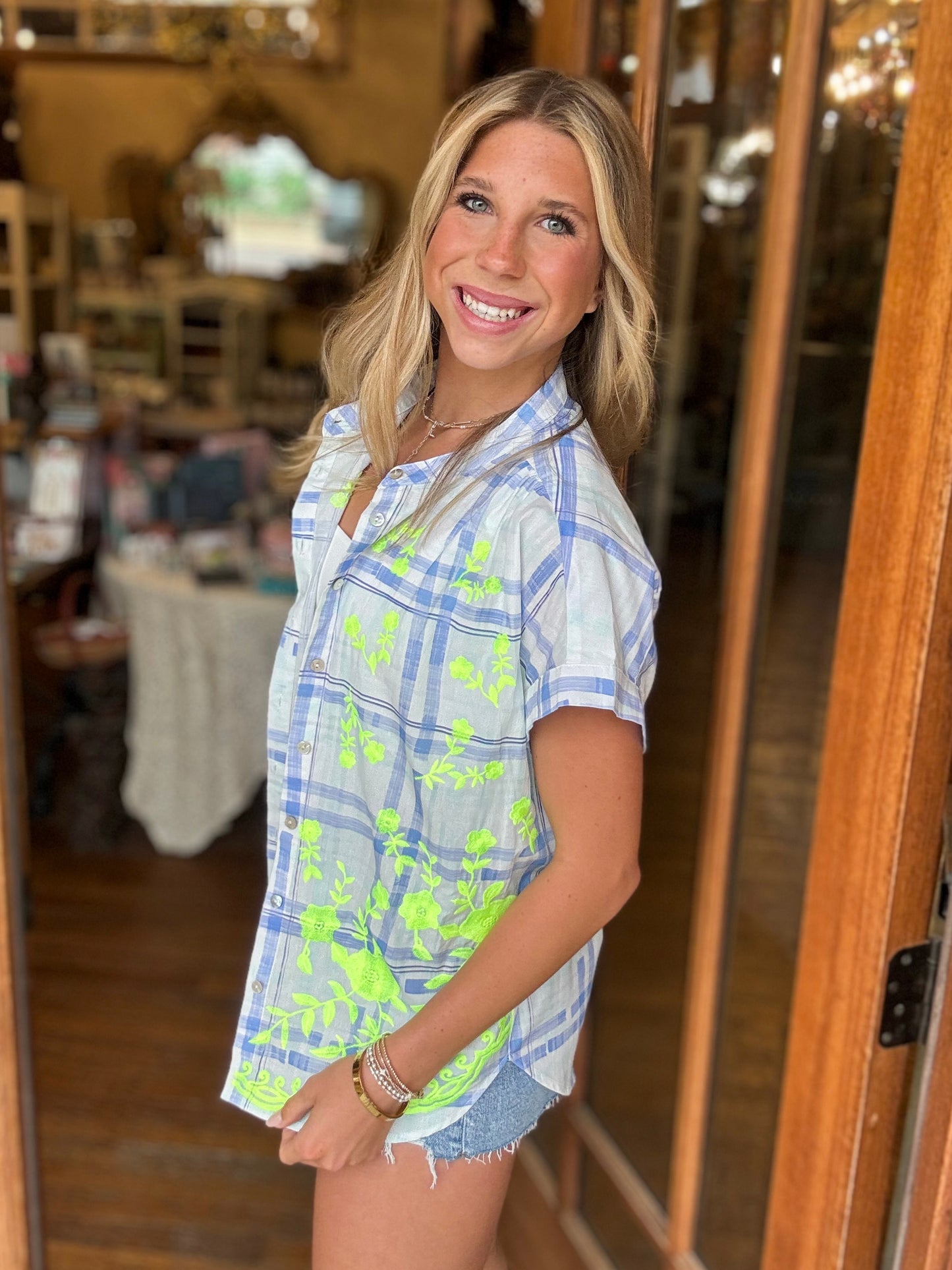 Jodifl Blouse - Blue Plaid Button Up