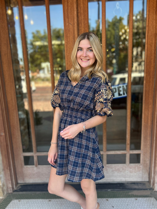 Dress | THML Embroidered Puff Sleeve Gingham