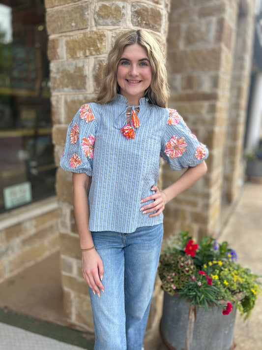 THML Hand Embroidered Puff Sleeve Stripe Top