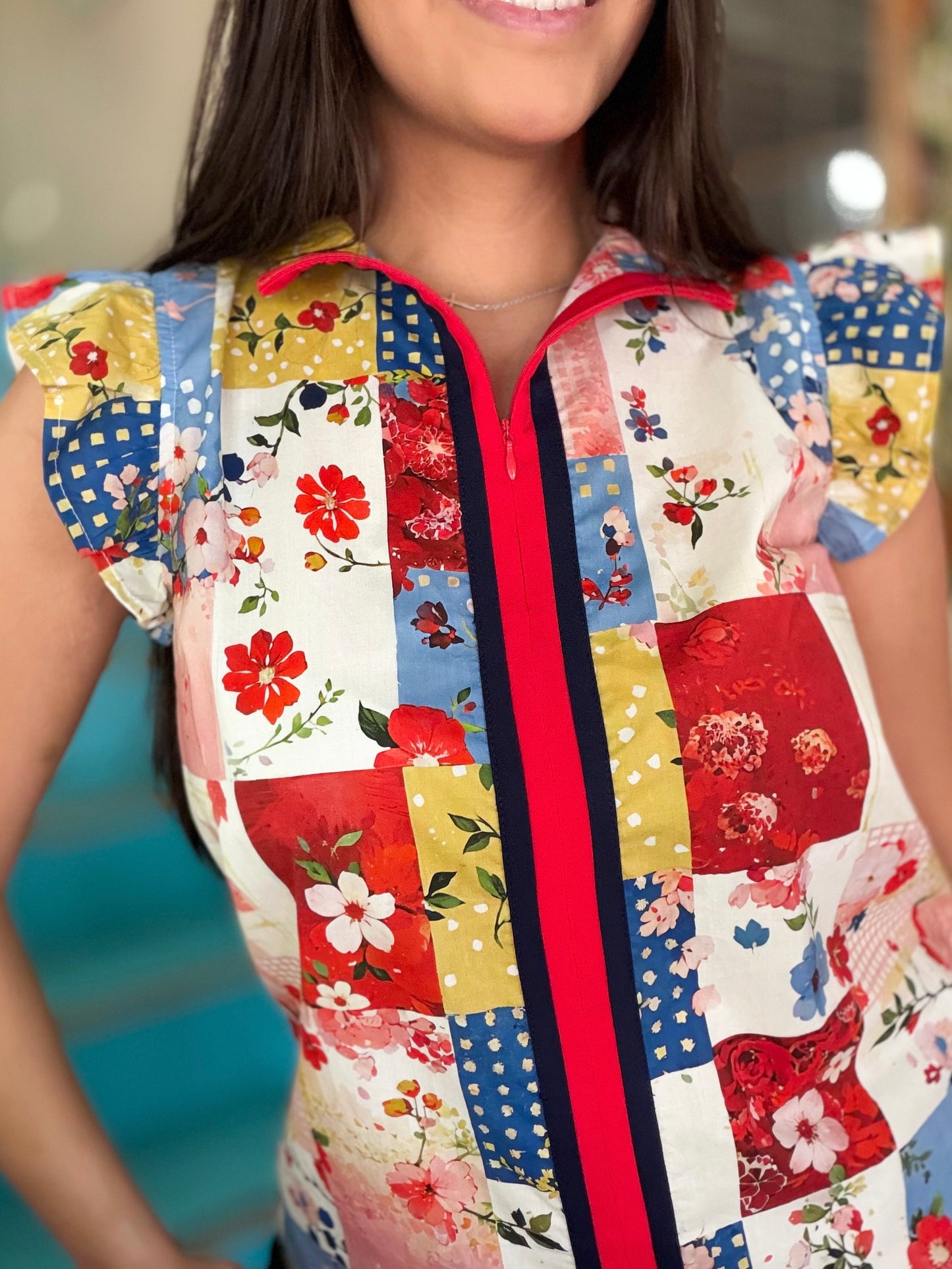 Blouse - Floral Patchwork Flutter Sleeve