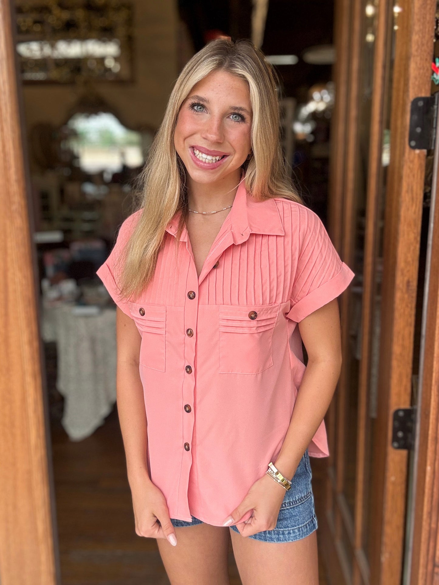 Blouse - Coral Pintuck Collared