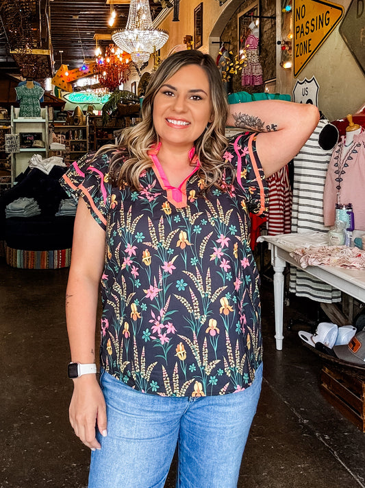 Navy Garden Flutter Sleeve Blouse