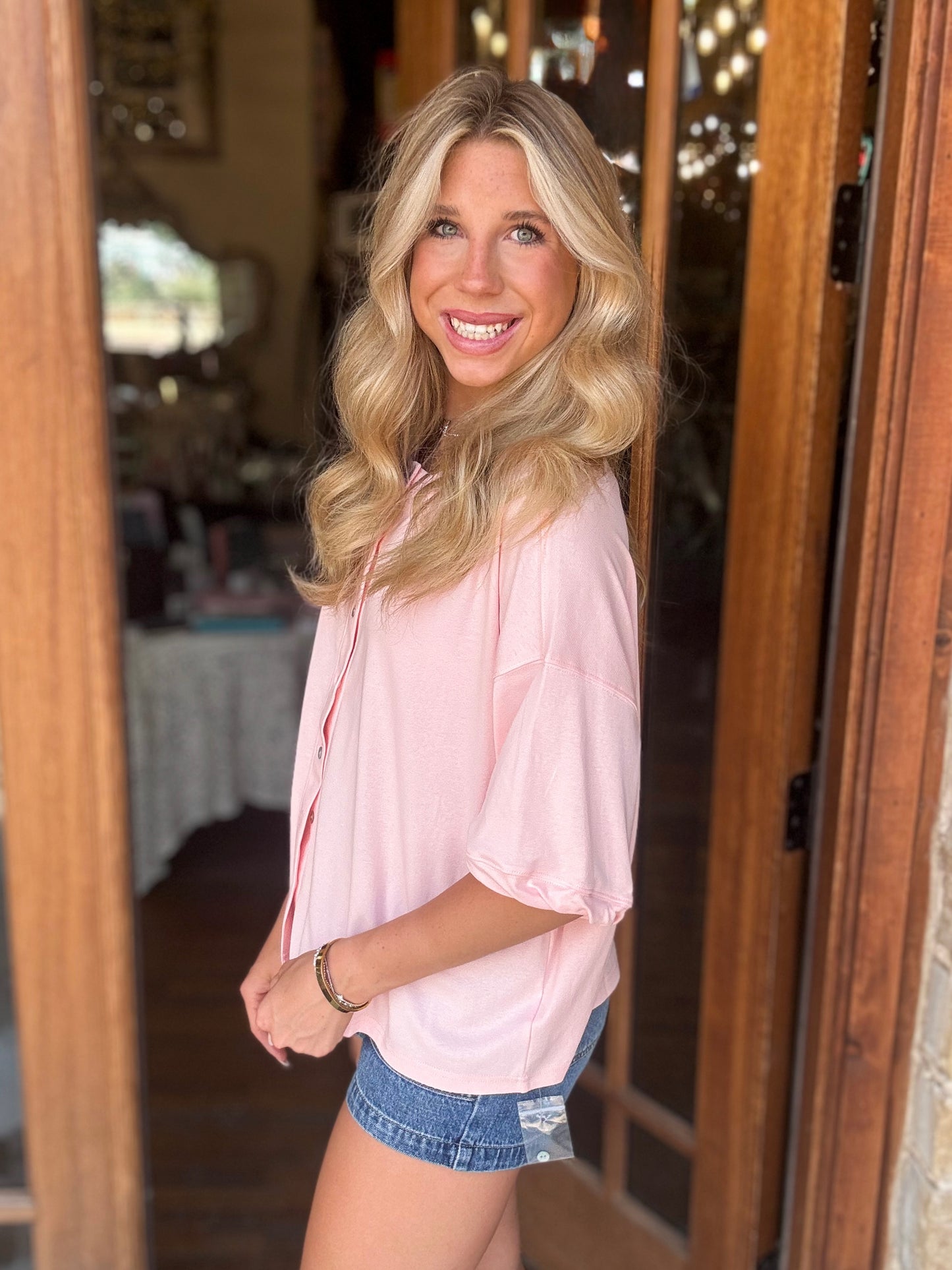 Top - Pink Oversized Button Front