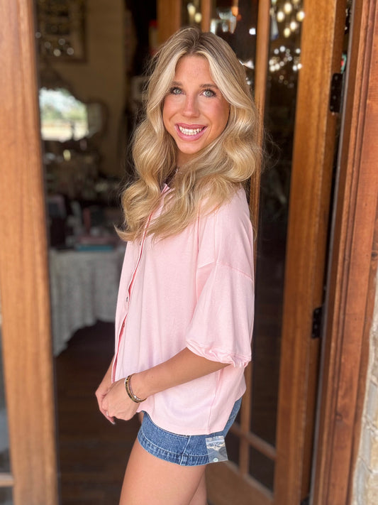 Top - Pink Oversized Button Front