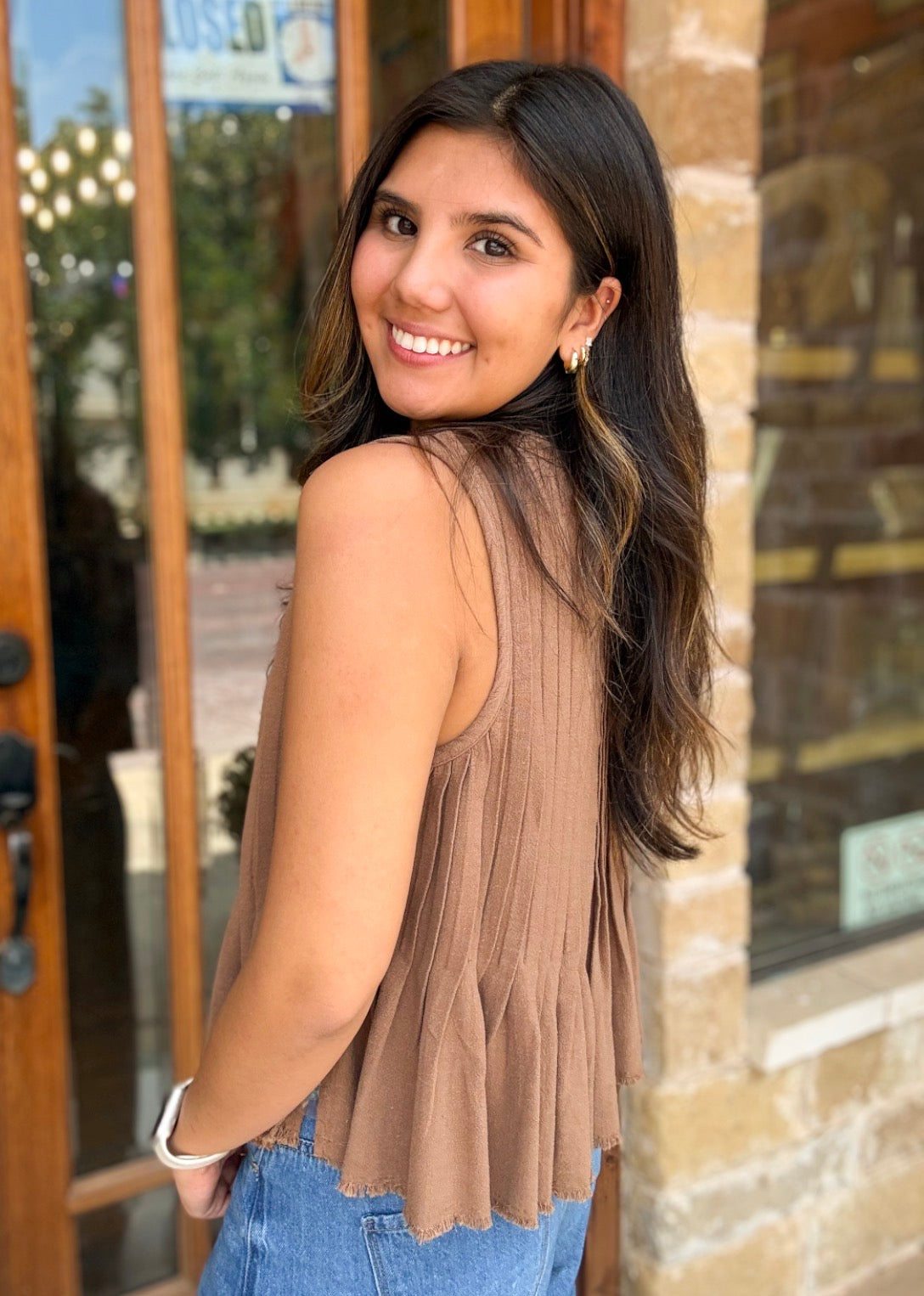 Blouse - Pleated Button Front Mocha
