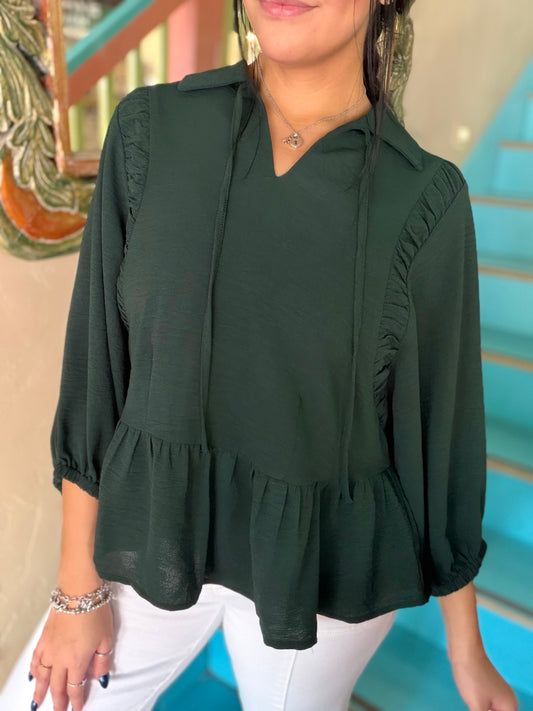 Blouse - Hunter Green Ruffle Peplum