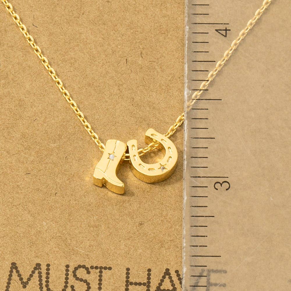 Gold Dipped Cowboy Boots Horse Shoe Charm Necklace