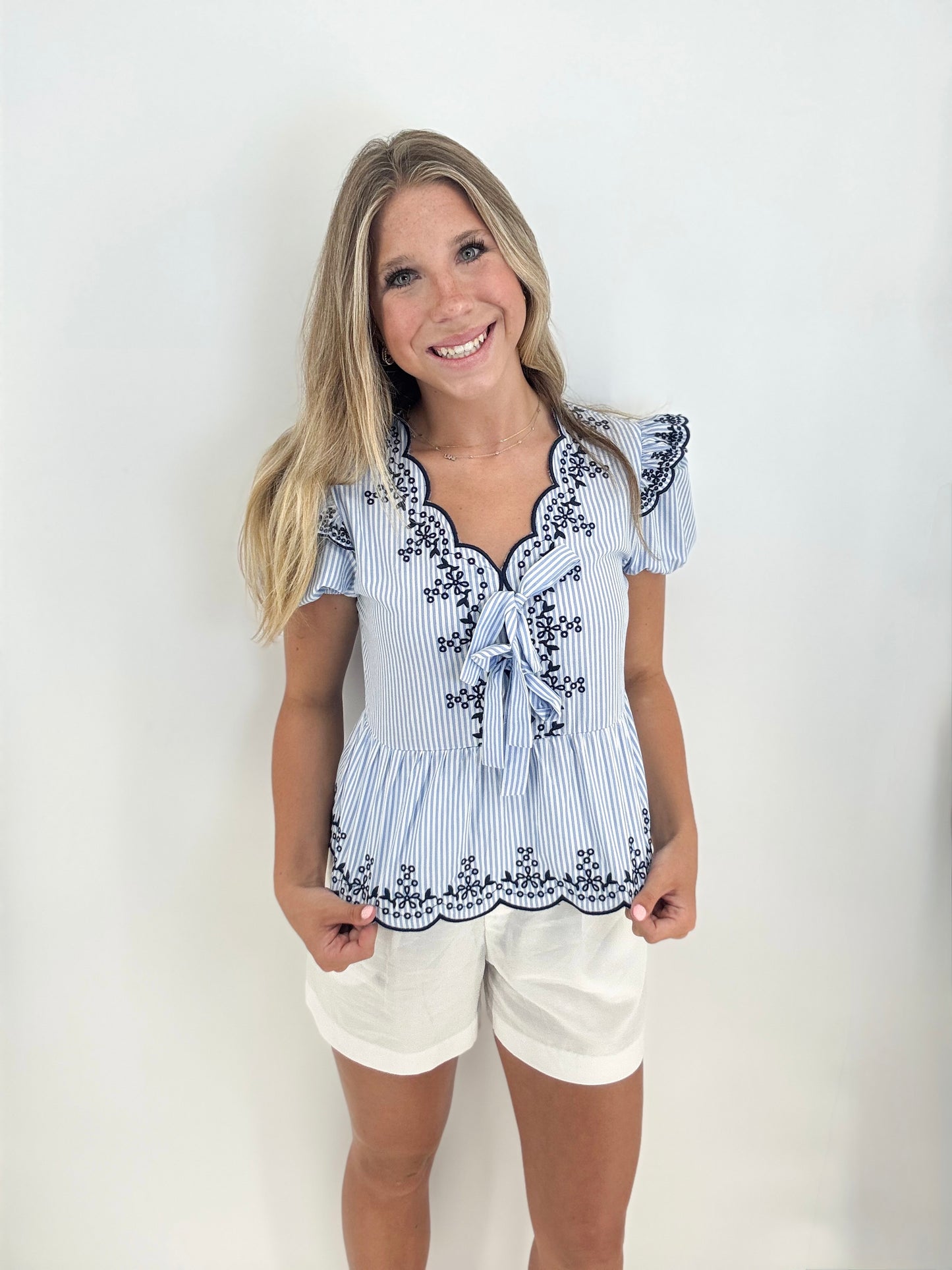 Top | Blouse Light Blue/Navy Floral Embroidered Pin Stripe Front Bow Tie Short Sleeve
