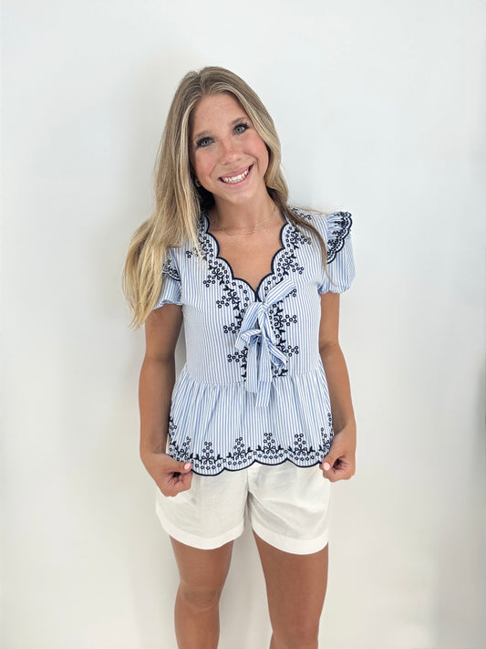 Top | Blouse Light Blue/Navy Floral Embroidered Pin Stripe Front Bow Tie Short Sleeve