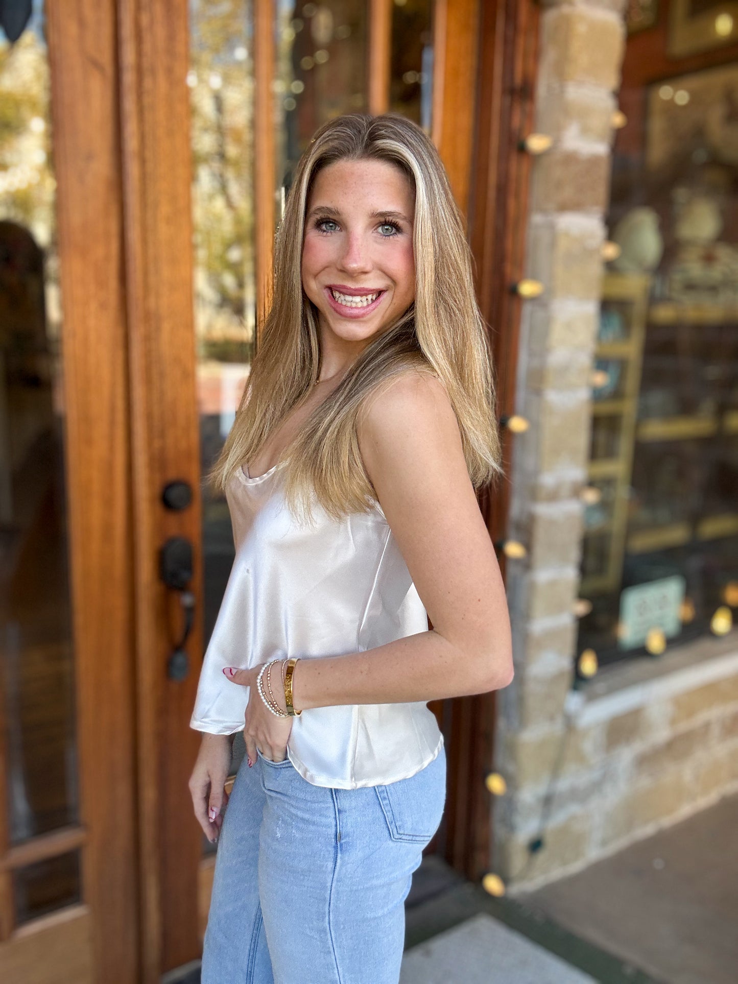 Cami Cream Satin V-Neck