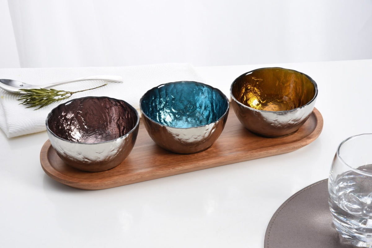 Tabletop | Set of 3 Colored Glass Bowls &amp; Tray