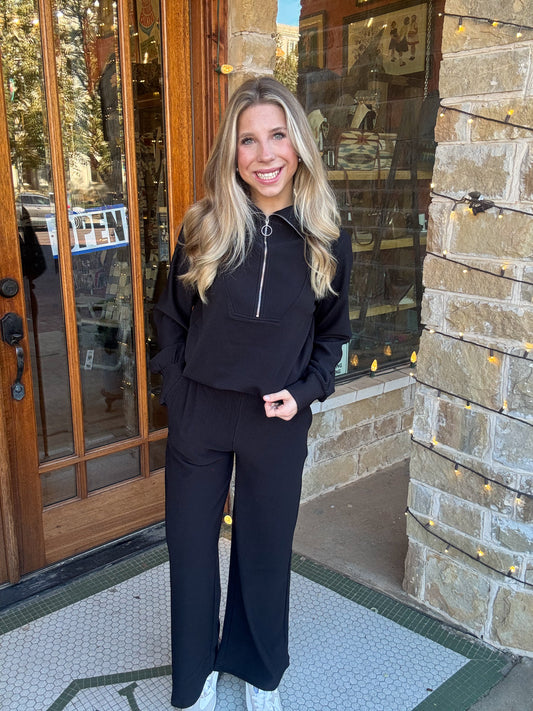 Sets | Black Pullover & Pants Ribbed High Neck Half Zip