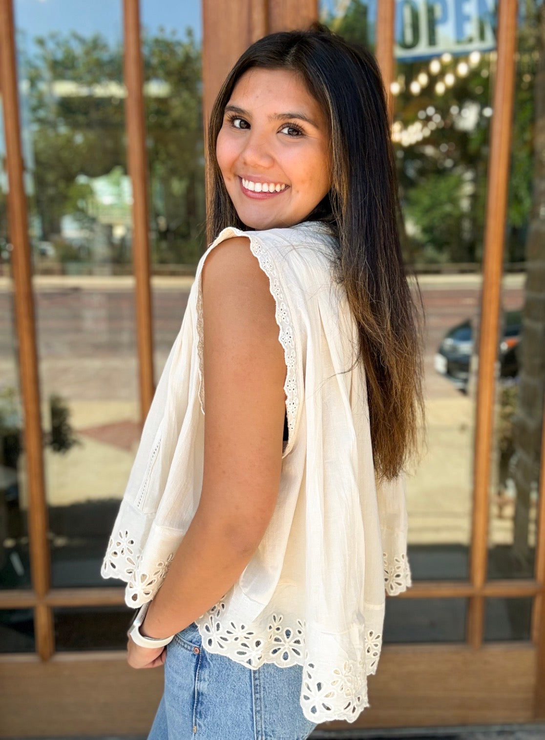 Blouse - Eyelet Button Front Pleated