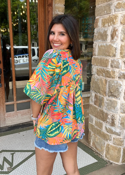 Tops | Tru Luxe Blouse Floral Tie Neck Shirred Yoke Front and Back Bell Sleeves