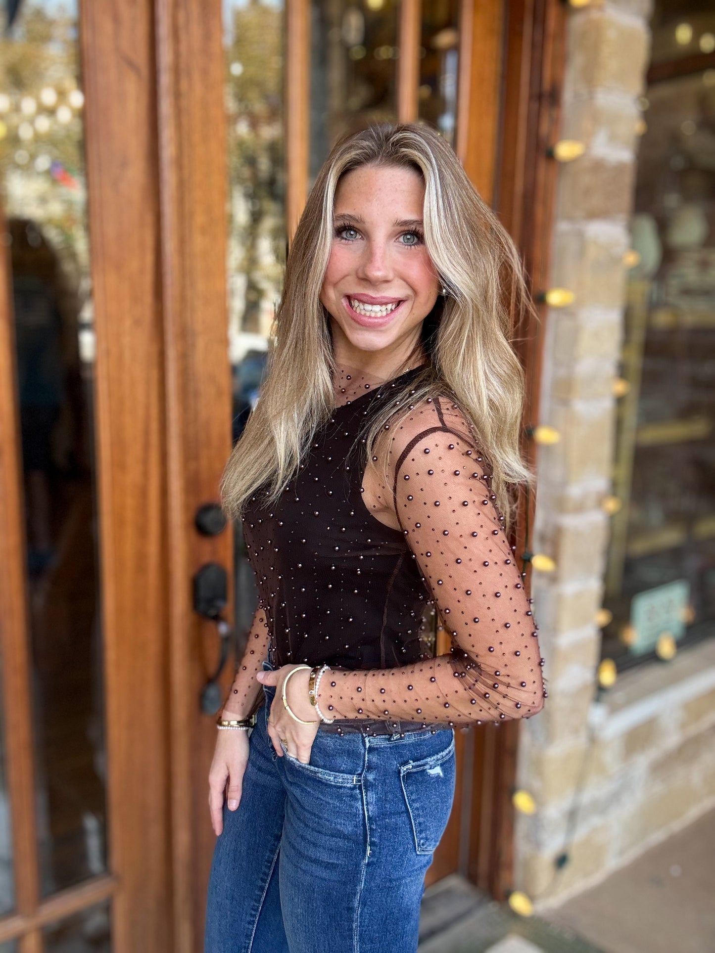 Mesh Bead and Pearl Embellished Long Sleeve