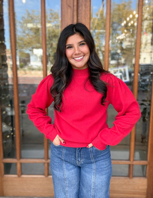 Red Mock Neck Puff Sweater