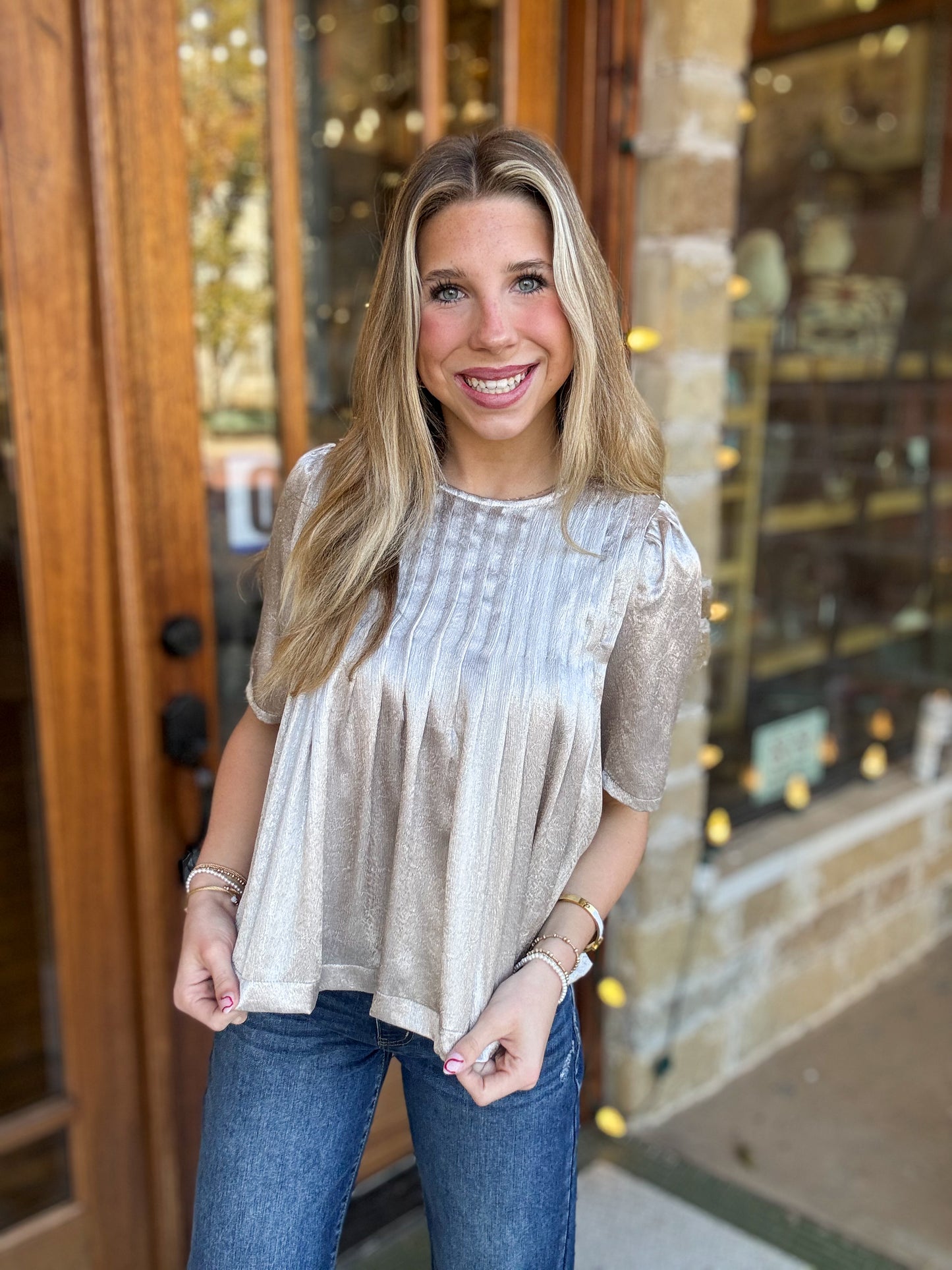 Tops | Blouse Silver Metallic Pleated Detail Round Neck