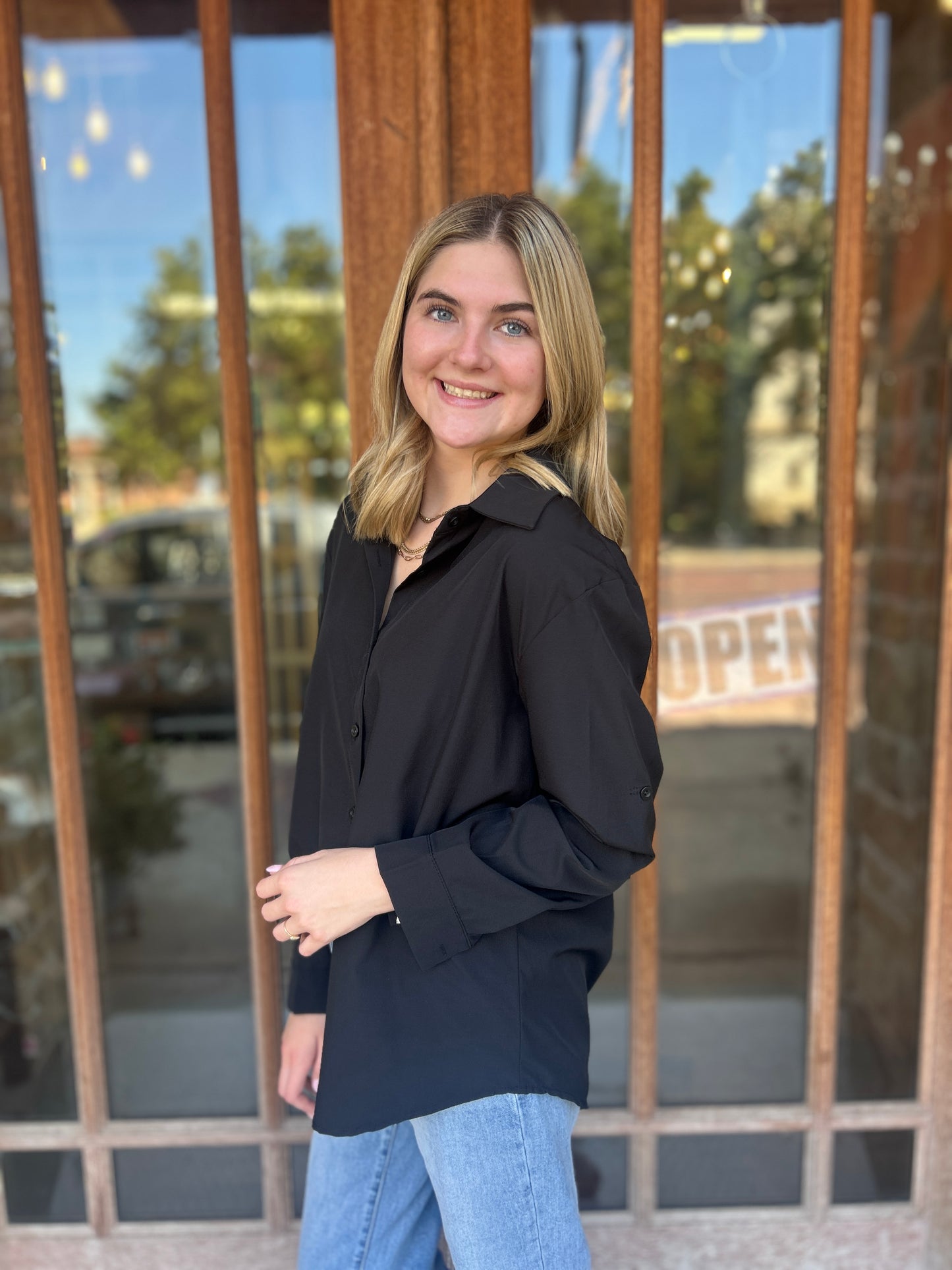 Tops | Blouse Black Solid Color Slim Fit Button Down