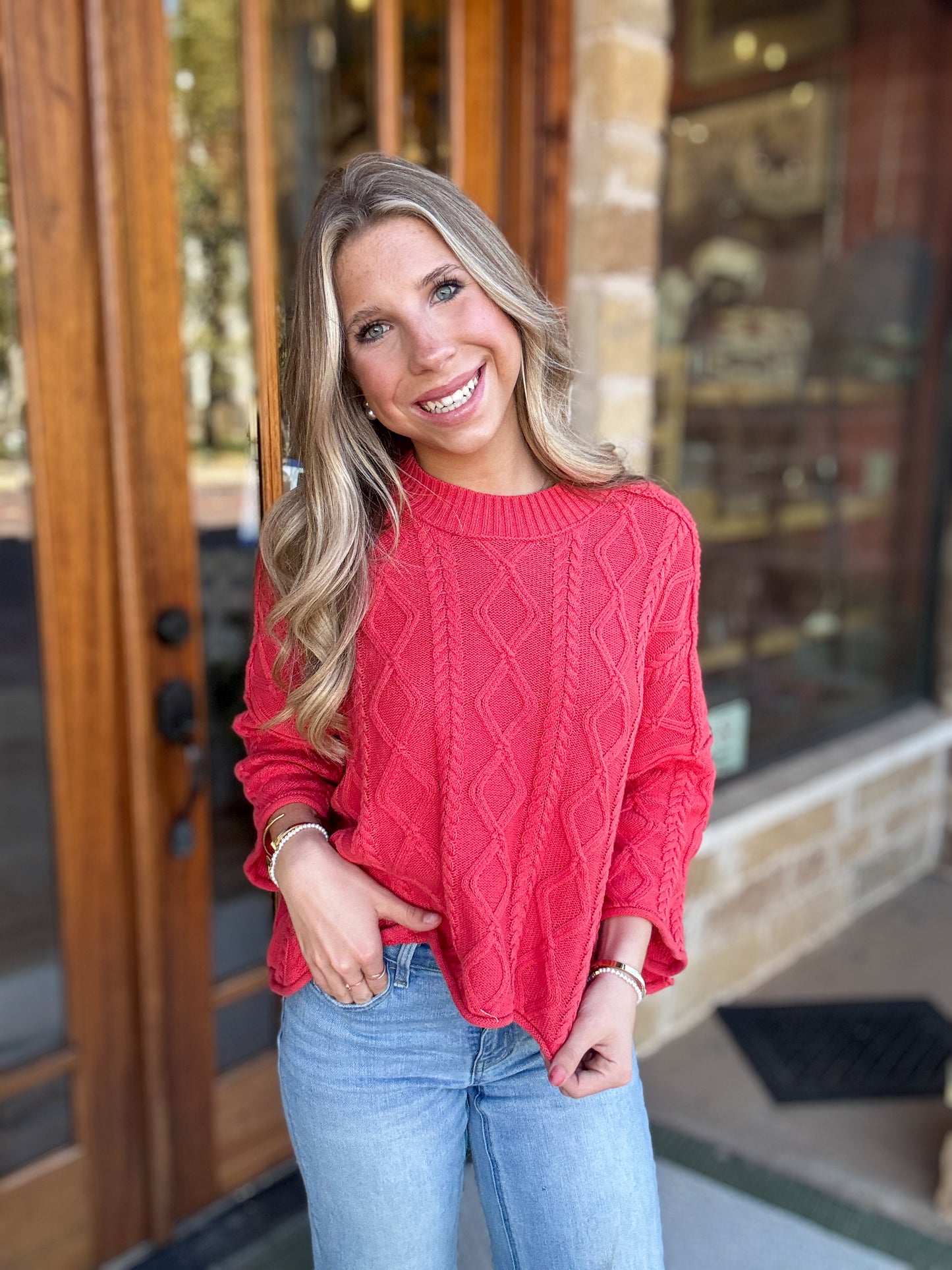 Tops | Sweater Knit Cable Cotton 3/4 Sleeve Dusty Red