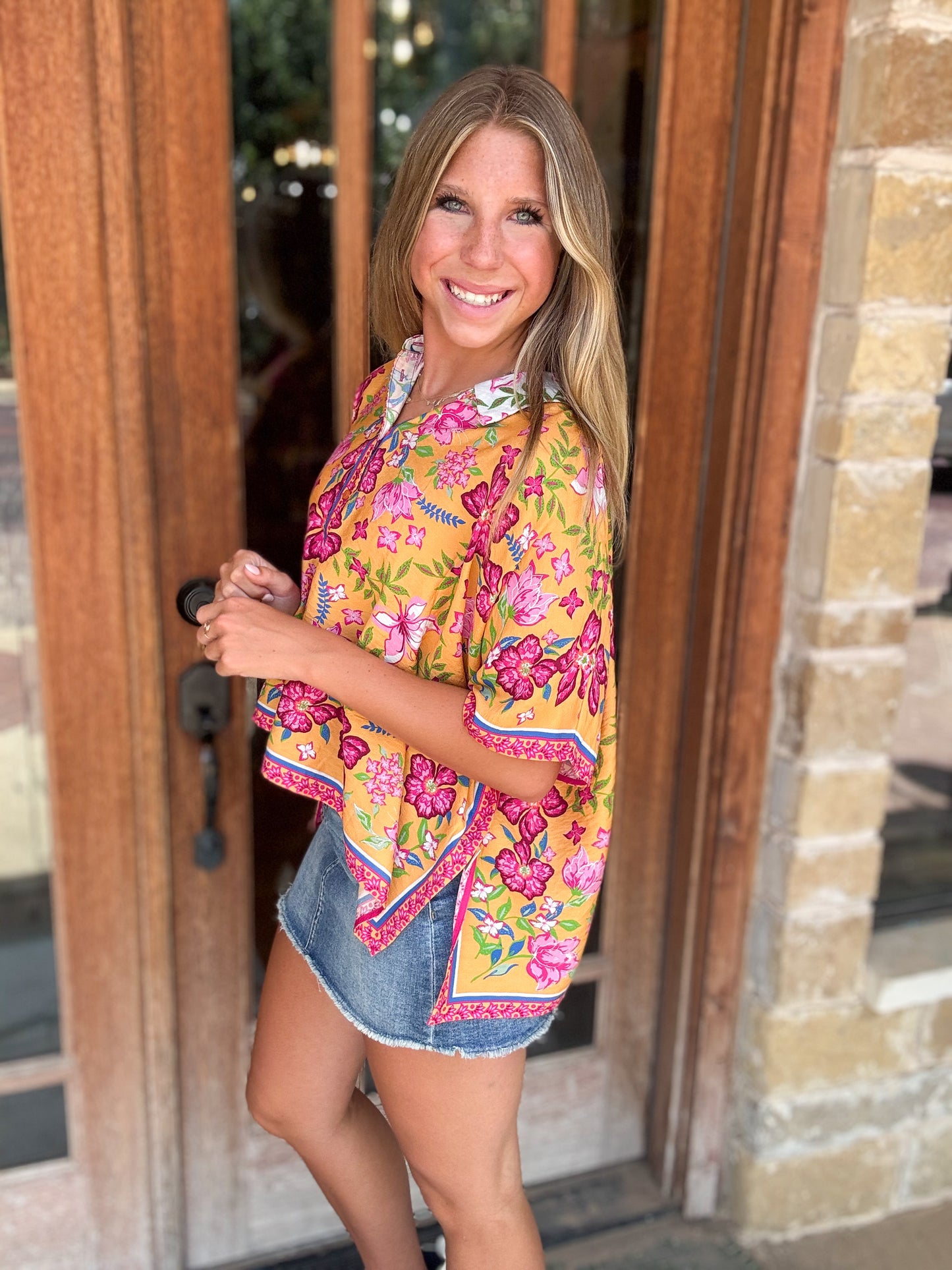 Tops | Blouse Floral Border Scarf Hem
