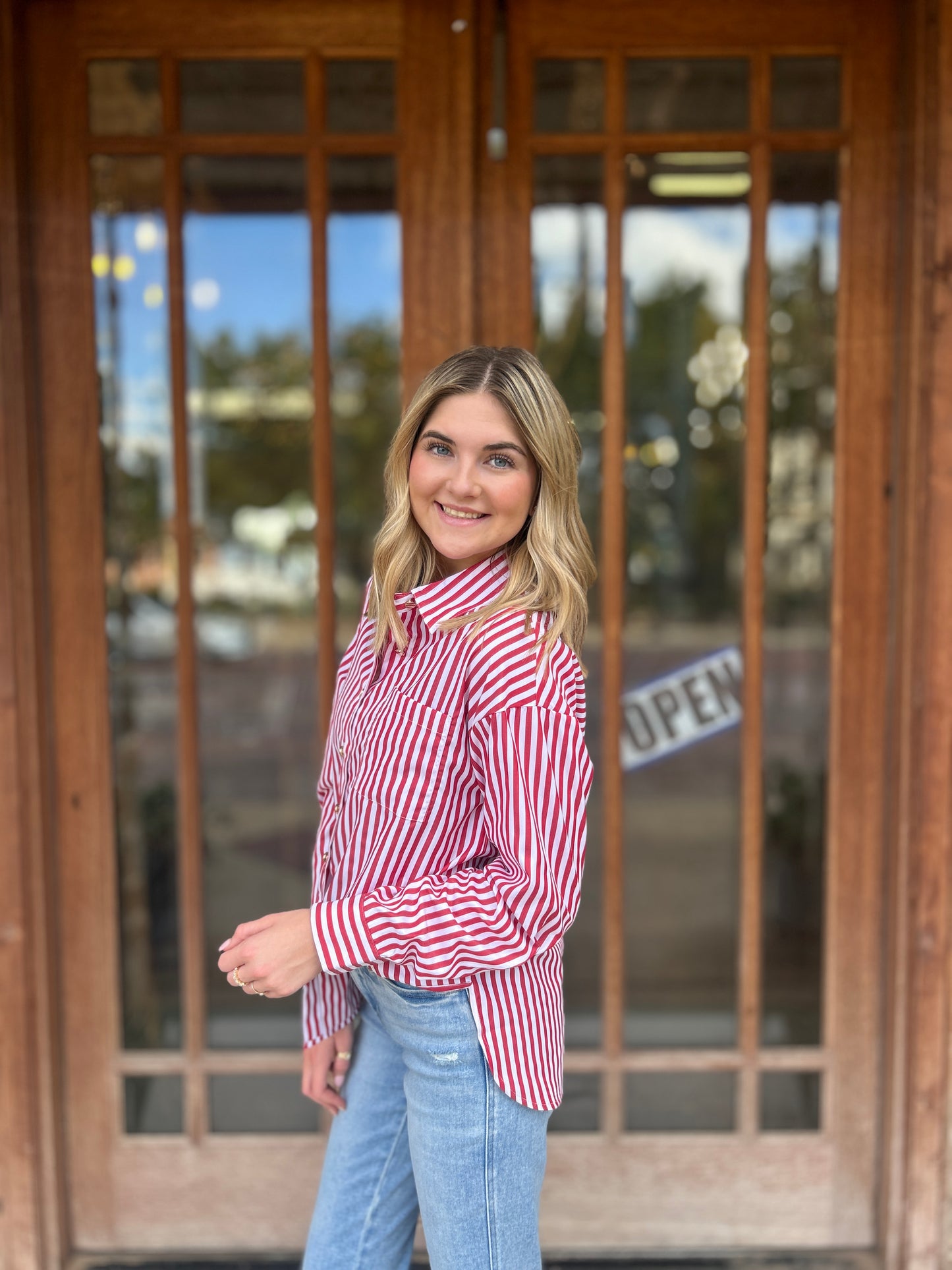 Tops | Blouse Stripe Patch Pocked Side Slit Loose Red