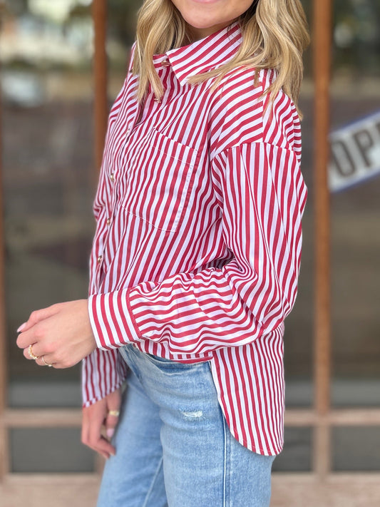 Tops | Blouse Stripe Patch Pocked Side Slit Loose Red