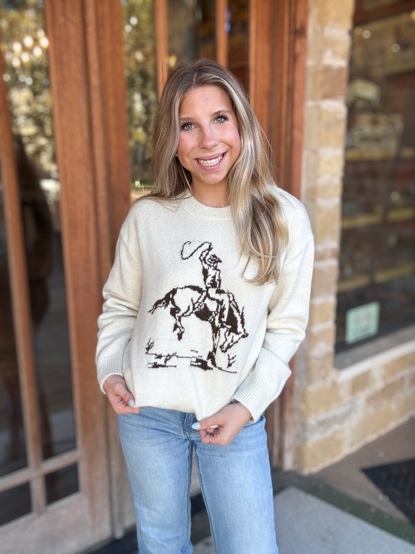 Tops | Sweater Ivory Cowboy Graphic Crew Ivory