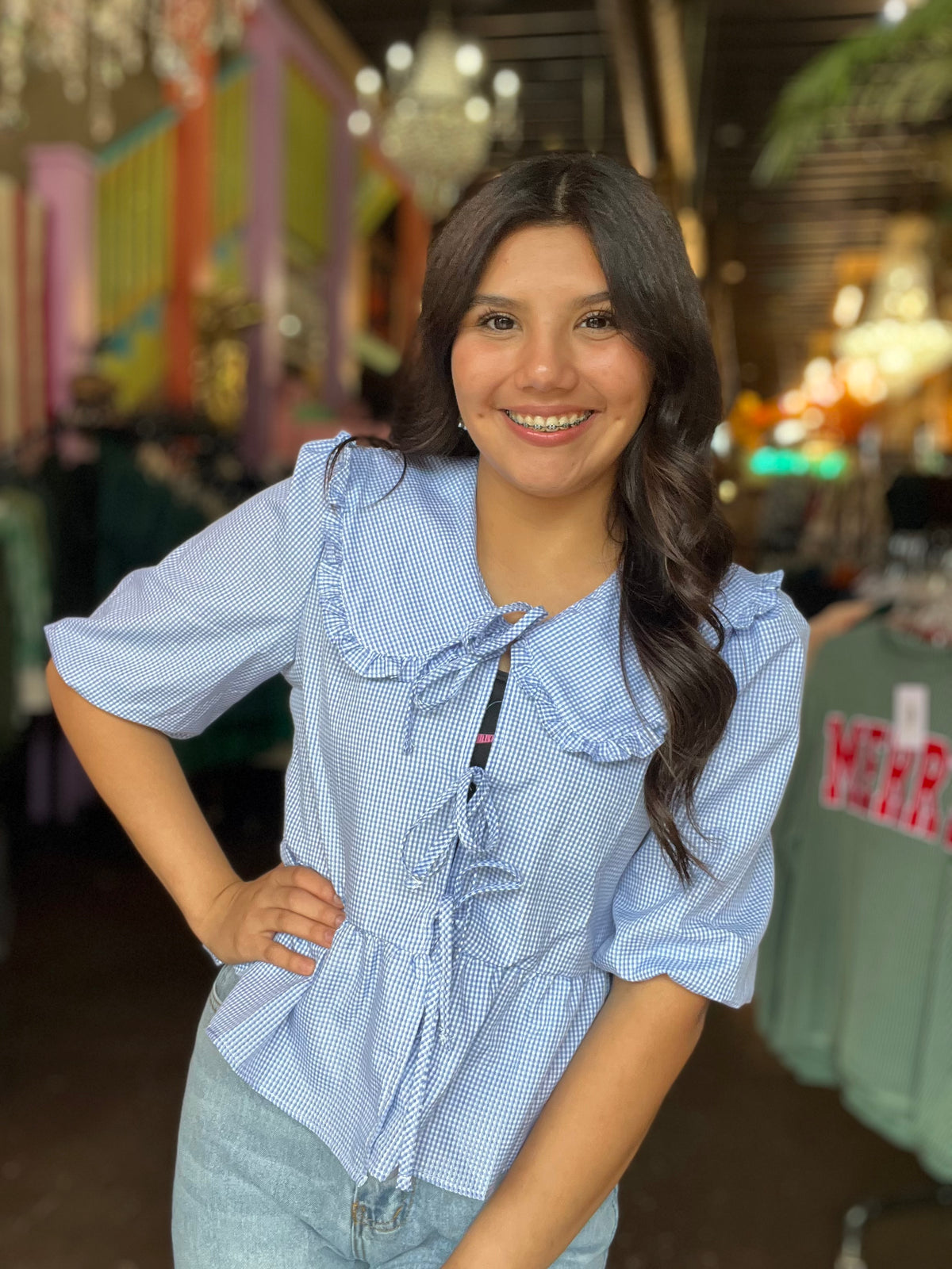 Top | Blouse Tie Front Blue Gingham Oversized Frilled Collar