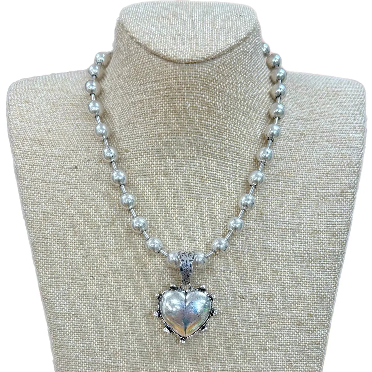 Jewelry | Necklace Silver Puff Heart On Silver Ball Chain