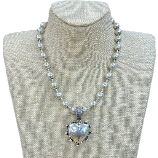 Necklace | Silver Puff Heart On Silver Ball Chain Necklace