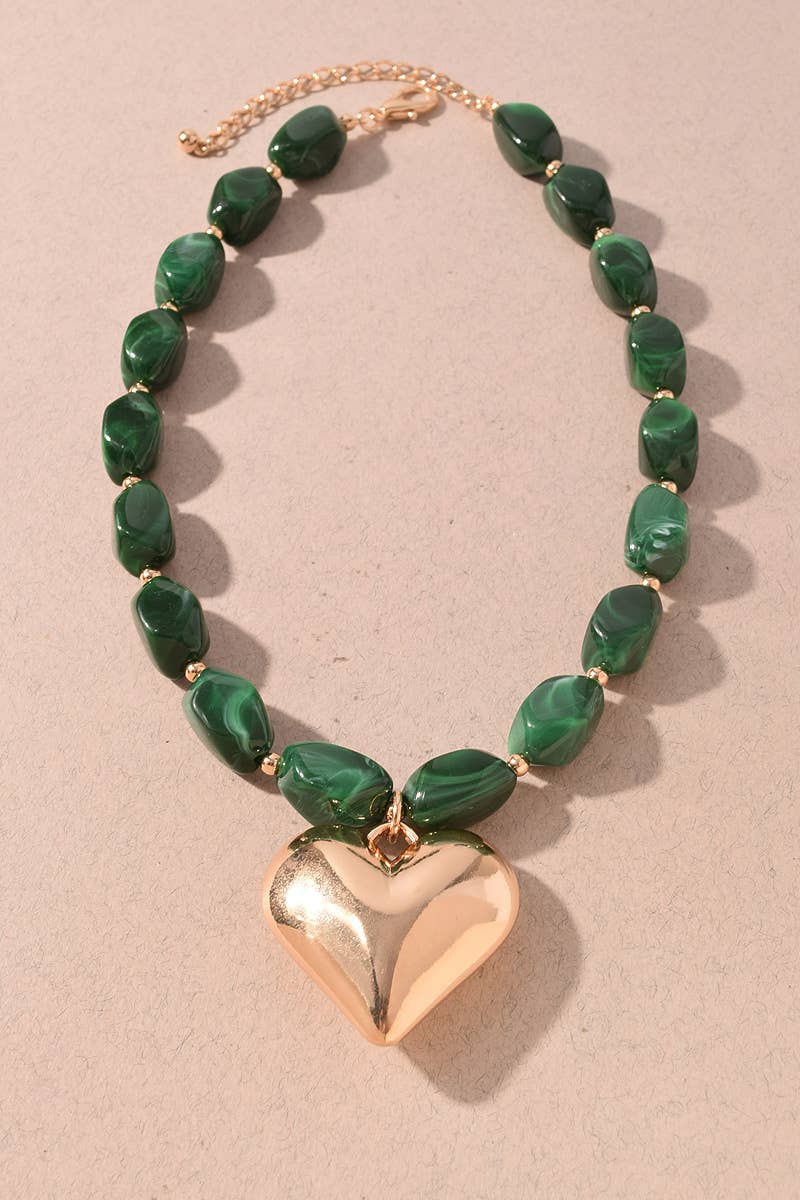 Necklace - Green Marbled Beaded Heart