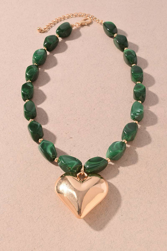 Necklace - Green Marbled Beaded Heart