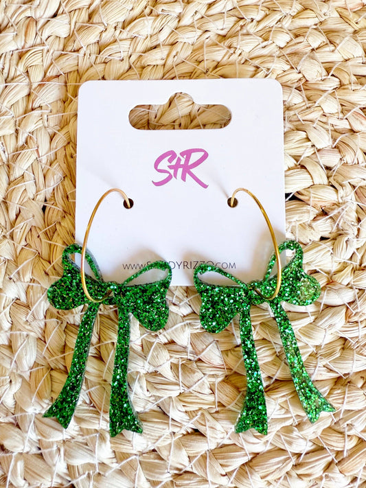 Jewelry | Earrings Green Glitter Bow Hoop