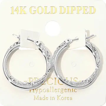 Jewelry | Earrings 14K Sliver Dipped Hypoallergenic Textured Crisscross Pin Catch Hoop Earrings