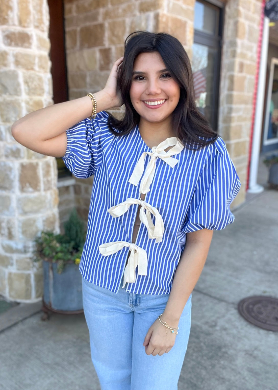 Top | Blue Stripe Tied Front Puff Short Sleeve Blouse