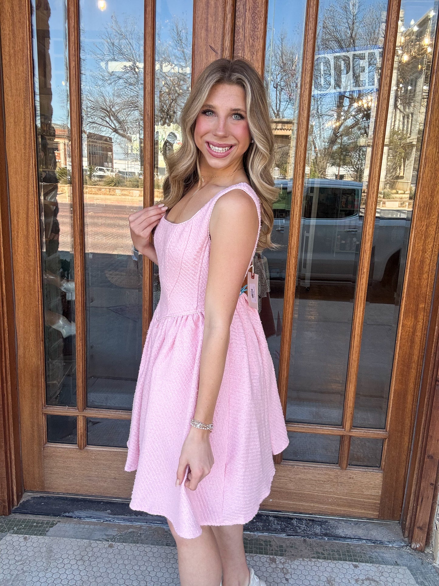 Pink Tweed Puff Mini Dress